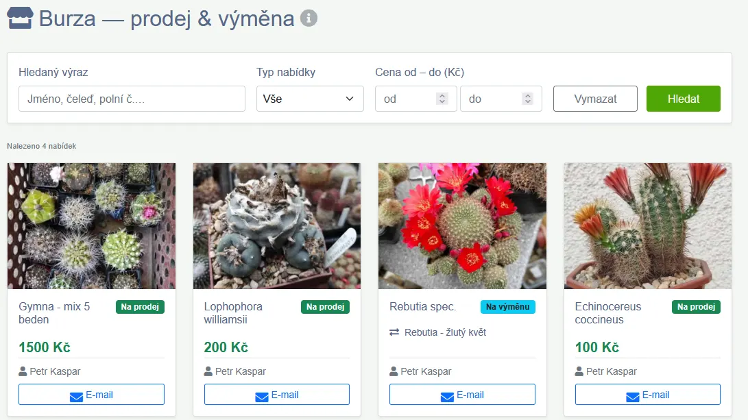 Nabídky rostlin v burze – prodej a výměna